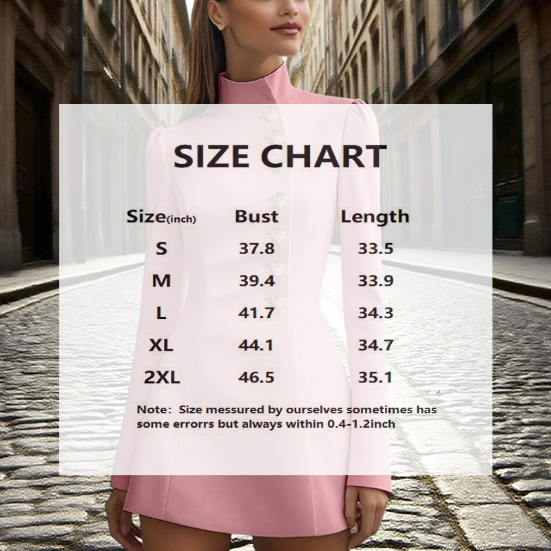 Women's Solid Color Stand Collar Single-Breasted Blazer Dress - Long Sleeve Slim Fit Formal Short Dress For Spring Summer