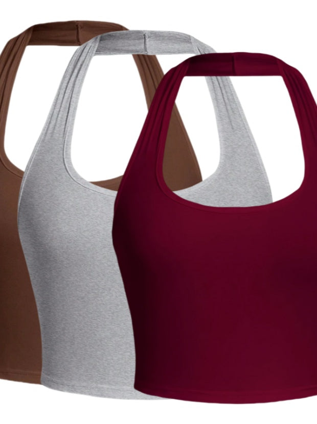 Solid Color Cropped Halter Neck Slim Fit Tank Top For Women 3PC Set