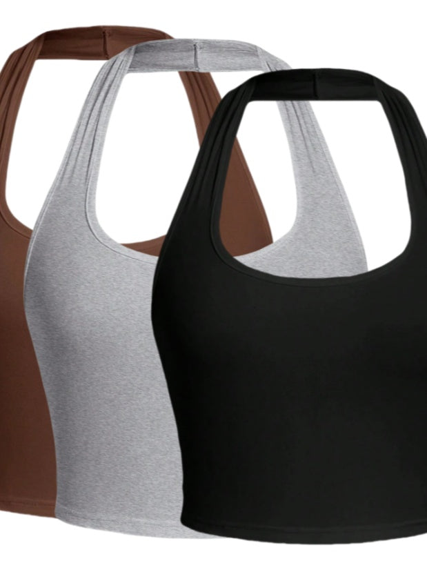 Solid Color Cropped Halter Neck Slim Fit Tank Top For Women 3PC Set